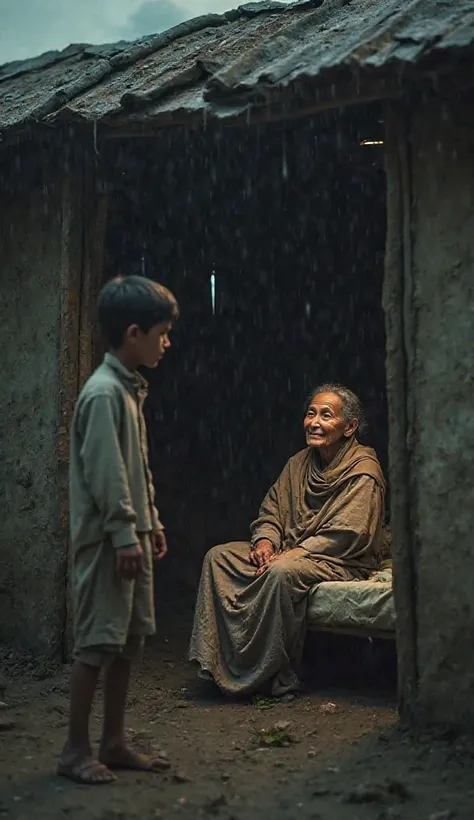 
"A small, rainy village with a poor, broken hut. A , Ahmad, stands at the doorway, looking inside with concern. Inside, a frail woman, his mother, sits on an old bed, wrapped in a thin blanket. Her face looks weak, but she smiles warmly at her son. The at...