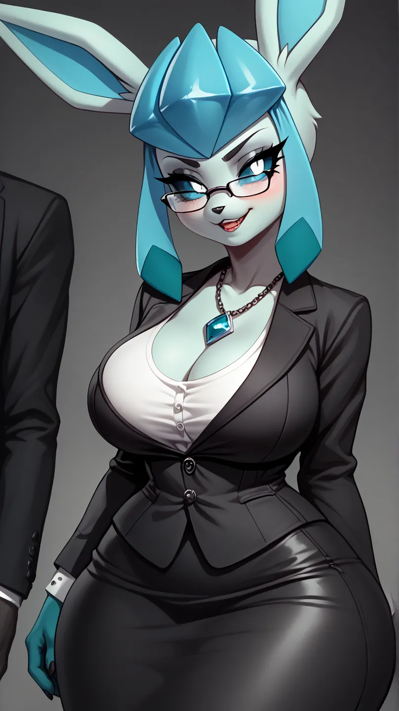 check_9, check_8_ upwards, check_7_ upwards, from the author: zinfyu anthropomorphic furry female Glaceon, Pokemon,  blue sclera , white eyes, (big breasts: 1.2), big ass, (wide hips: 1.3),  Masterpiece , open neckline, necklace, corporate goth, black make...