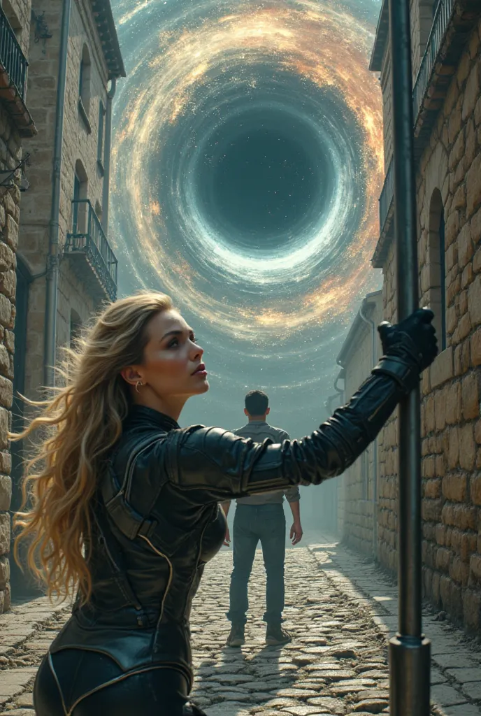  A blond woman,  wearing a space suit , is holding onto a pole on an old street, with a stone floor, while trying to hold a dark-haired man who is being sucked into a black hole that has an accretion disc.