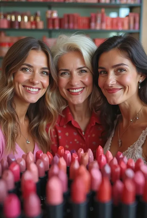 Three age girls, working age, mature, are standing with lipstick in a different cosmetic shop with excited smiles.