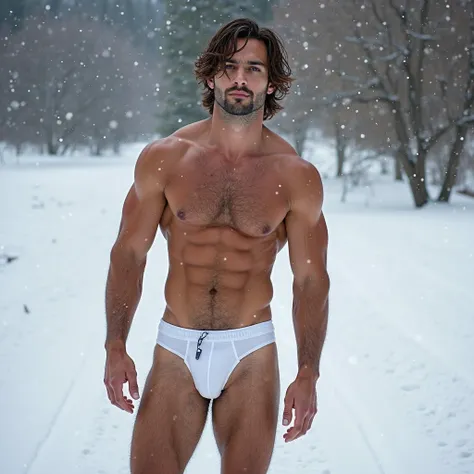 4 Latino man,beautiful , hairy body, in white underwear sex,  Brasileiro,  White  , Fringe in straight and short brown hair,  blue and green eyes,   athletic body design  , big upturned ass , On snowing , on ice ,  in white underwear, Completely naked with...