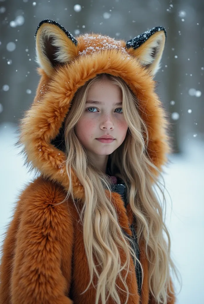 (Hyper-realistic, (((full body image))) a beautiful young girl 8- s with long, wavy blonde hair and ((noticeably thin waist))) dressed in (orange fox fur and a fox hood on her head ) that perfectly complements her figure, (a (wolf , the wolf (in the soft f...