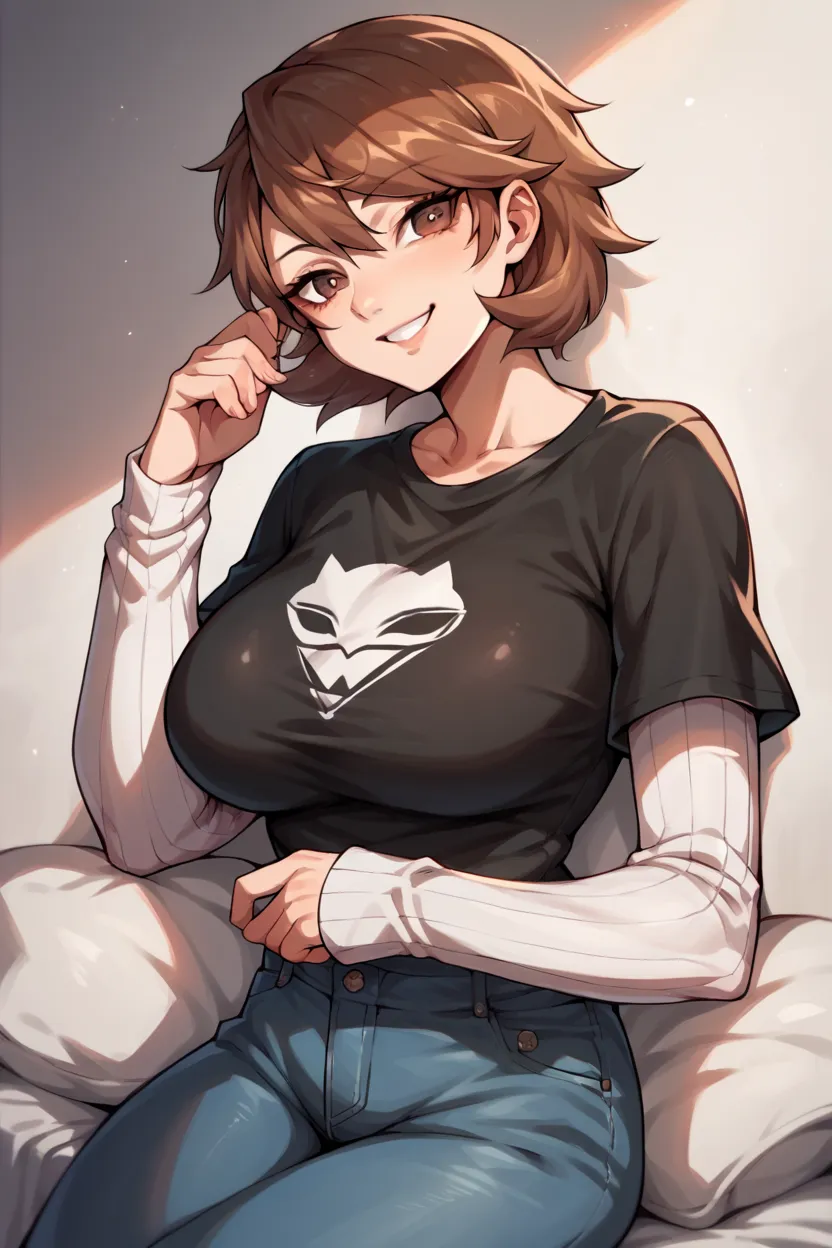 1 girl, solo, black short sleeve t-shirt, layered sleeves, white long sleeves, jeans, Yukaridef, brown hair, brown eyes, black t-shirt over white long sleeves, large breasts, confident smile, striped sleeves, black and white stripes,