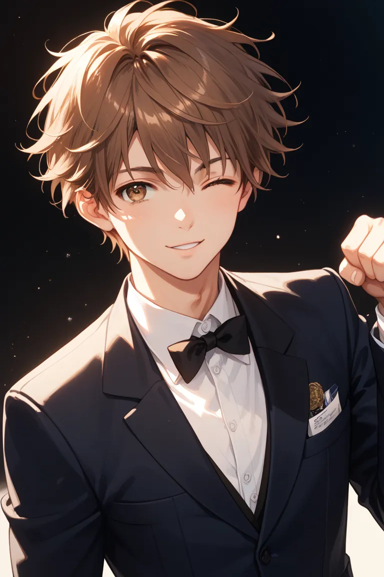 man, delightful, grinning, wink, making a fist, looking at viewer, looking to the right, short hair, hair covering eyes, brown hair, brown eyes, slant eyes, tall, suit, 20-year-old, slender, light atmosphere, cel anime, soft lines, soft surface, upper body...