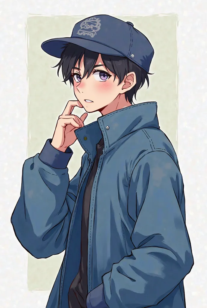 A man who is standing is wearing a blue jacket, and wearing a hat, has black hair, and his visual type is anime and is around , and is making various expressions.