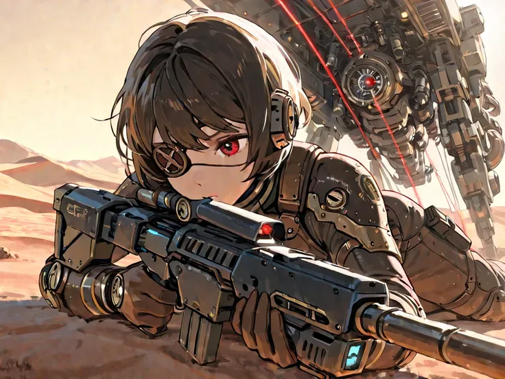 １woman、character, one-eyed, black eye patch,red eye,laser rifle, Futuristic, sci-fi, technology, high-performance, aiming, Tension , focus, sniping, combat,rider suit、Steampunk style picture,desert, lying prone, front shot, ground-level shot,