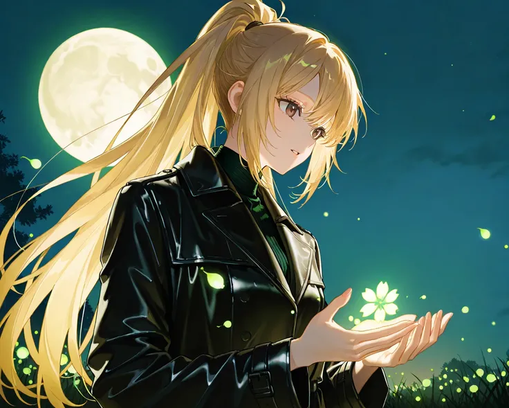 1girl, blonde, long light golden hair gathered in a high long ponytail, ponytail hairstyle, dark brown eyes, dark brown eyes, girl in a short black leather coat, holds a green electric light in his hands, light in the palms, glow, green electrical discharg...