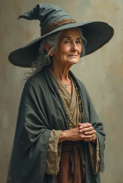 Representation of an old woman transmitting peace, love and wisdom,  with a witch's hat  