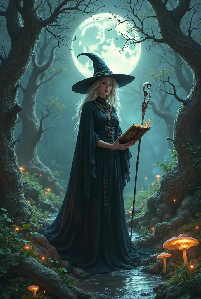 Create an image of a powerful and enigmatic witch in an enchanted forest. She wears a long black dress with mystical details, a flowing cape and an elegant pointed hat. Her eyes sparkle with supernatural power as she holds an ancient grimoire or a shimmeri...