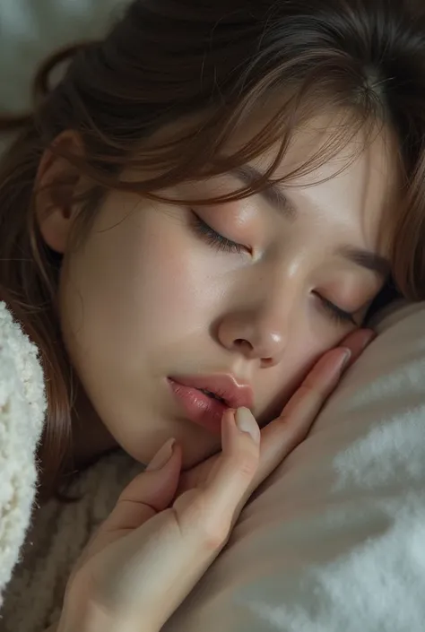 girl with brown hair sleeping with her mouth slightly open close-up of her face and side view of her penis touching her mouth penis visible in the photo