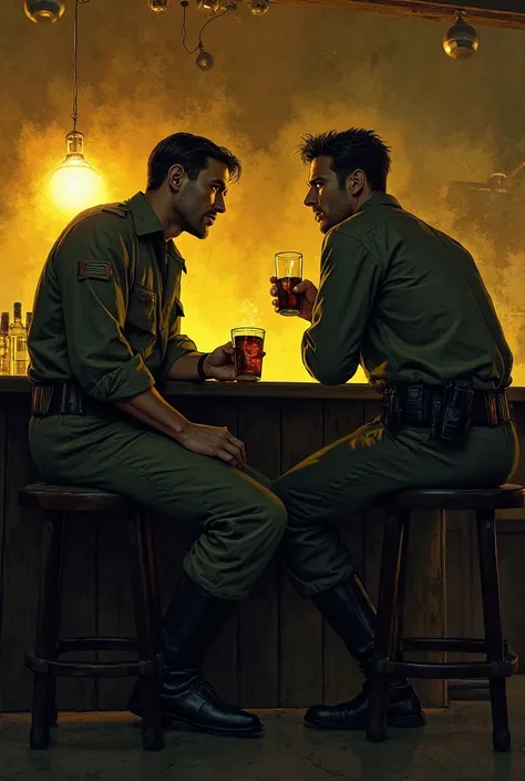 Steve Rogers and bucky barnes in WW2 soldiers clothes drinking at the bar. only one of them is sat on a high chair and the other is leaning against the bar. the scene takes place at night and the lightning is the room is yellowish. the image is inspired by...