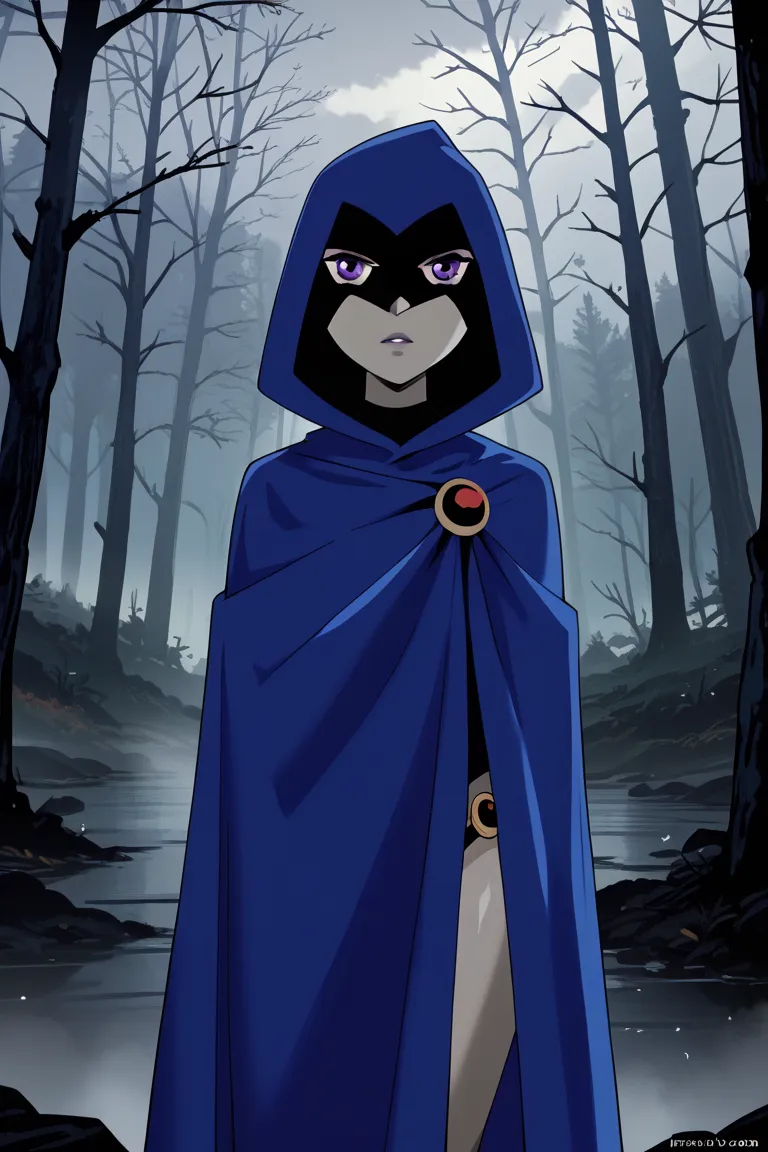 1girl, solo, raven (dc), purple eyes,grey skin, blue cape covered body, long blue cape, cape reaches the ground, standing, night, fog, forest, wind, hood covered head, Looking at viewer, High Resolution, Best Quality, Masterpiece, 