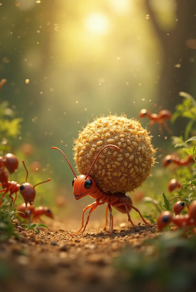 A tiny ant carrying a large grain of wheat towards its anthill. Other ants are also busy collecting and storing food. The scene is filled with golden sunlight, showing their hard work and dedication."