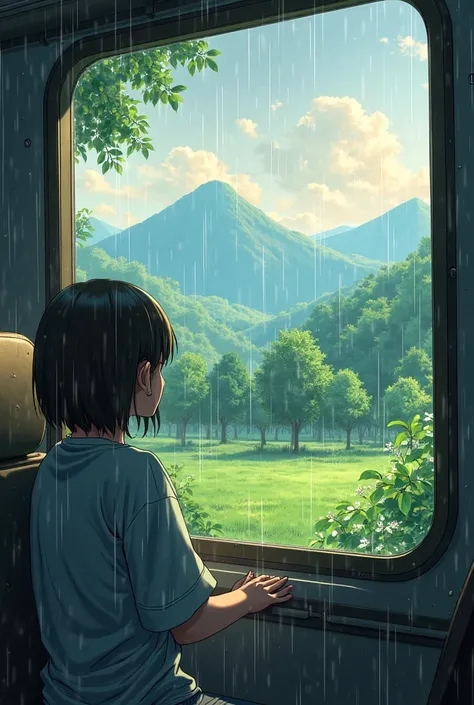 Warning:
“An anime-style illustration of a person sitting quietly on a train in the countryside, looking at a beautiful view with rain falling. The rain creates a soft and misty atmosphere, with small water droplets clinging to the glass. The surrounding l...