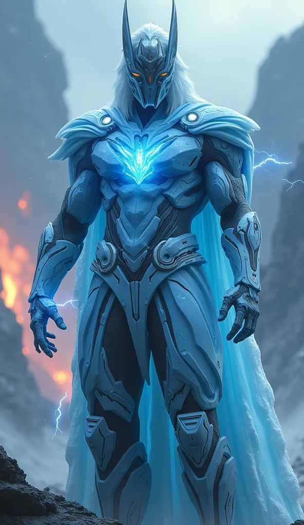 fusion of Iron Elsa with Thor, wearing glacier Thor outfit cybernetics, high-tech, ultra realistic, 16k, Standing tall, mountainous lava background, blurred background, blue energy in chest, firing lightning at the background, holding glacier Hammer, Beaut...