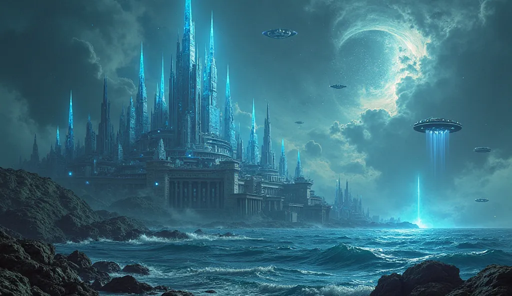 "An ancient, otherworldly city rising from the depths of the ocean, blending futuristic alien technology with classical Greek architecture. Towering crystalline spires glow with an eerie blue energy, while mysterious spacecraft hover above, casting beams o...