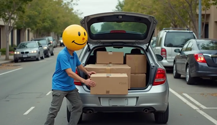 **Prompt:**

Generate a detailed scene description based on the following elements: 

1. **Subject**: A man with the smily face unloading boxes from a car.
2. **Action**: The man is actively removing boxes intended for delivery to the post office.
3. **App...