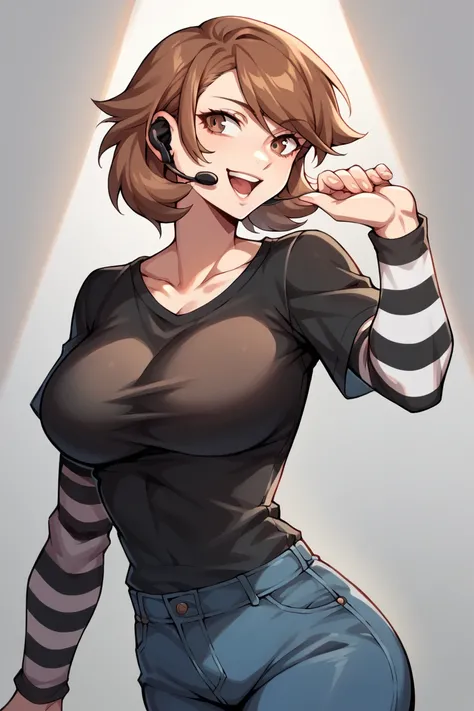 1 girl, solo, black short sleeve t-shirt, layered sleeves, white long sleeves, jeans, Yukaridef, brown hair, brown eyes, black t-shirt over white long sleeves, large breasts, confident smile, striped sleeves, black and white stripes, earpiece, on stage, si...