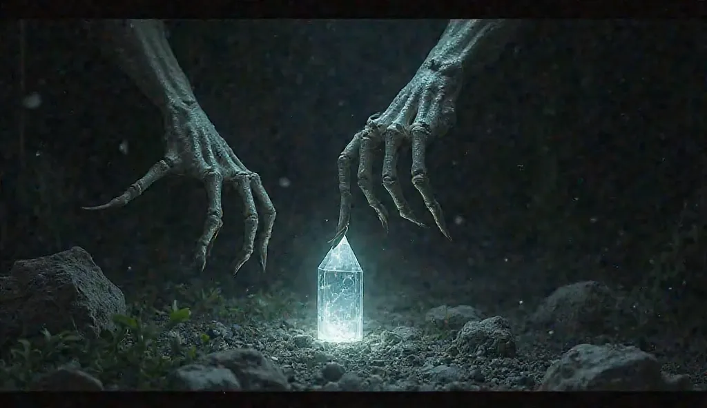 A single piece of the shattered dark crystal remains, faintly glowing. A sinister hand reaches out and picks it up. The screen fades to black.