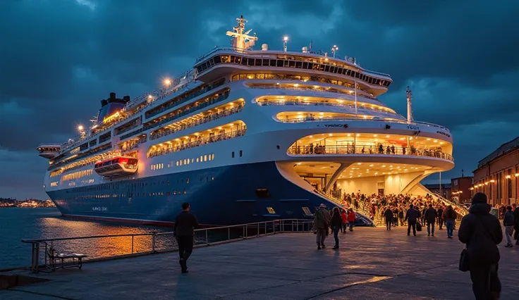 A massive passenger ferry, MS Estonia, docked in Tallinn, Estonia at night. People are seen boarding the ship, smiling and carrying luggage. The ship is lit up, ready for departure."