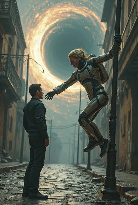  A blond woman, on the back,  wearing a space suit , is holding onto a pole on an old street, with a stone floor, while trying to hold the hand of a dark-haired man, that is floating, being sucked into a black hole that has an accretion disc. 