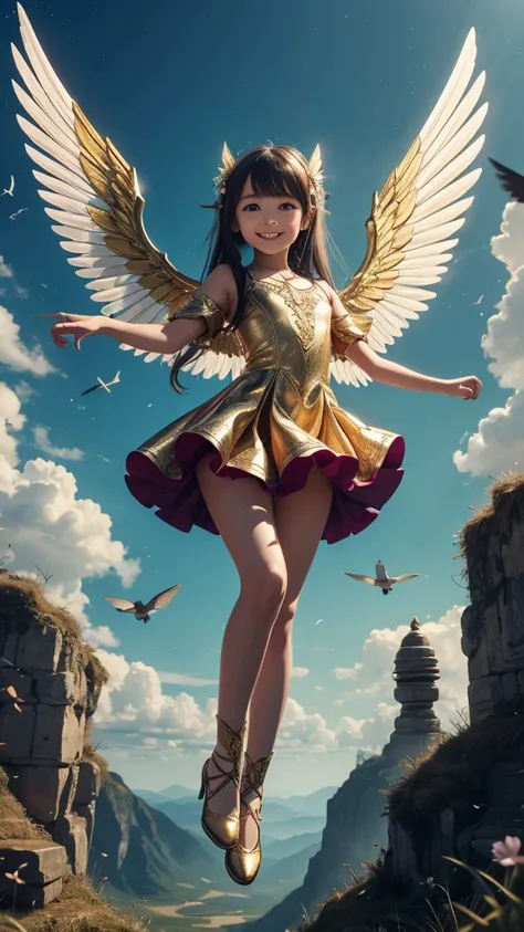 {{{unity 8k wallpaper}}} AI original, bird of prey, creating a fantastic scene of a  loli with oversized wings flapping. An innocent, smiling Nordic loli. She is dressed in a fine gold and blue pattern and beautifully harmonizes with her wings. The girl da...