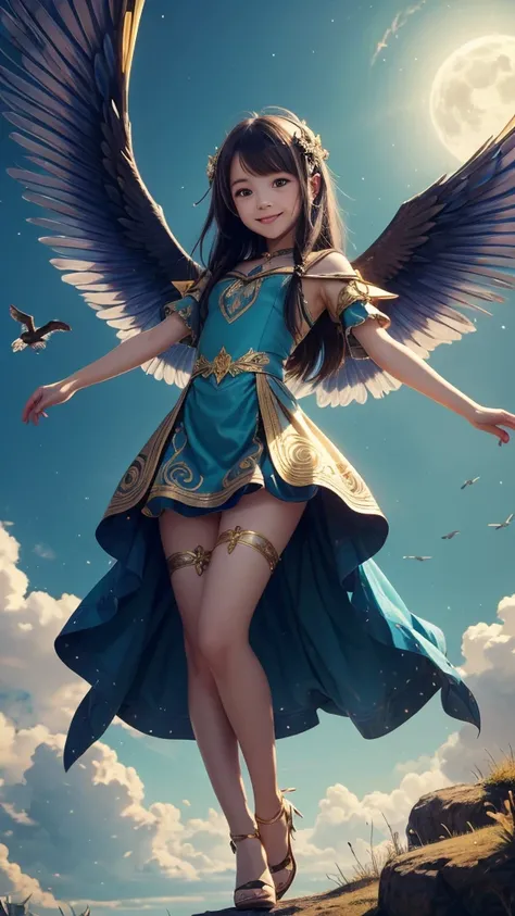 {{{unity 8k wallpaper}}} AI original, bird of prey, creating a fantastic scene of a  loli with oversized wings flapping. An innocent, smiling Nordic loli. She is dressed in a fine gold and blue pattern and beautifully harmonizes with her wings. The girl da...