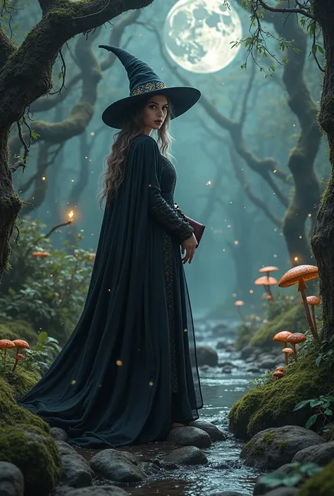 Create a hyper-realistic image of a powerful witch in an enchanted forest. She wears a long black dress detailed, a flowing cape and an elegant pointed hat. Your eyes sparkle with a supernatural power while holding an antique leather grimoire or a magic st...