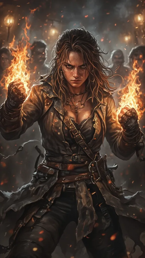 A female pirate girl with brown long messy hair and dark eyes, with a grey coat and gloves with open fingers with fire on her punches,In a tavern fight