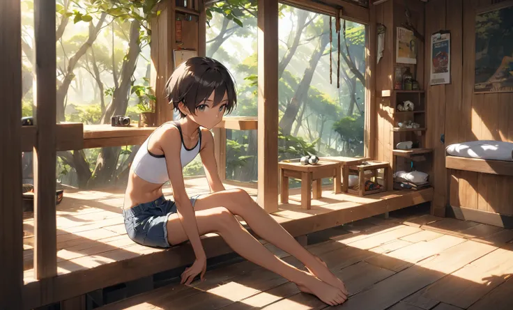 Dark Haired Twelve-Year-Old Boy，dark skin，Flat chest，sports bra，bare arms， Bare Waist ， Slim Fit，denim shorts， Bare Thighs，high resolution,  Best Quality , Small individuals，full body，Interior of the tree house，Sunlight，front，sit down