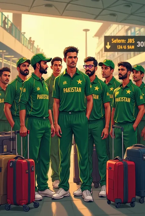 Create a image of Pakistan cricket they have bag and going to airport with coach and team captain and all 11 players 