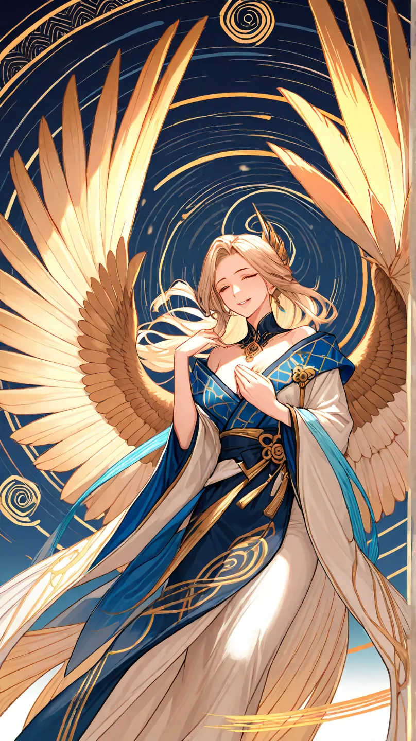 {{{unity 8k wallpaper}}} AI original, bird of prey, creating a fantastic scene of a  loli with oversized wings flapping. An innocent, smiling Nordic loli. She is dressed in a fine gold and blue pattern and beautifully harmonizes with her wings. The girl da...