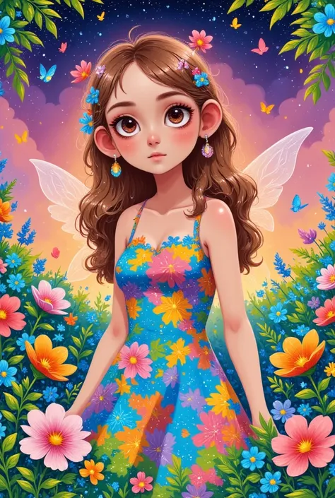  A  drawing of a fairy wearing a flower crown, with translucent wings, she is sitting in a field of hibiscus flowers of diffrent colors and glowing fireflies surrounds the enviroment.the title of the book is :fae prophecy . The authour is :savage_tommie. M...