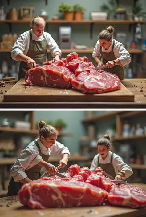 In a butcher shop, tiny people are carefully chopping a normal-sized piece of meat into cubes. The meat appears oversized compared to the small figures, emphasizing the size difference. The tiny people, wearing butcher aprons, hold knives with focus, worki...