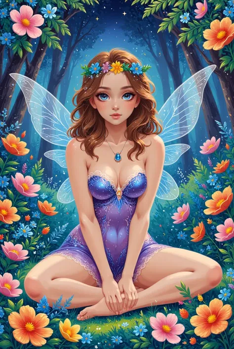  A  drawing of a fairy wearing a flower crown, with translucent wings, she is sitting in a field of hibiscus flowers of diffrent colors and glowing fireflies surrounds the enviroment.the title of the book is :fae prophecy . The authour is :savage_tommie. M...