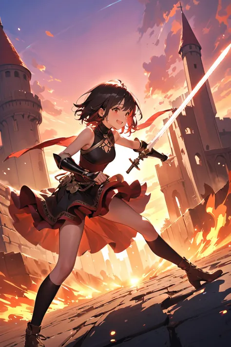 1 girl, (cute face), short hair, (playful smile), (small breasts), wearing a stylish fantasy warrior dress, (layered skirt), above knee length, (sparkling accessories), (fair skin), 
BREAK 
castle battleground, fiery sunset, (drawing sword:1.2), (confident...