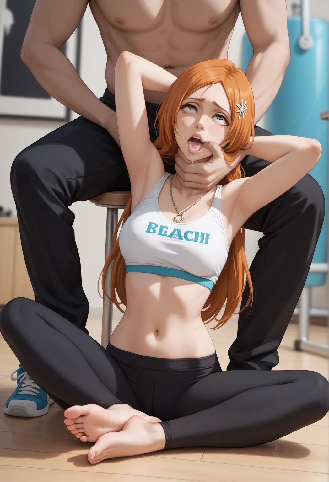 Orihime Inoue from Bleach wearing a crop top and yoga pants we can see her navel and feet as she is strangled she is convulsing having her mouth wide open and her eyes rolling back she is almost fainted from the lack of oxygen we can see her feet (flat sto...