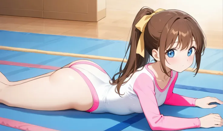 girl is laying on a yoga mat doing a back bend, with an anime style, 1girl, athletic leotard, leotard, gymnastics, solo, brown hair, pink leotard, blue eyes, lying, on stomach, ponytail, long hair, ass, looking at viewer, white leotard, bow, breasts, hair ...