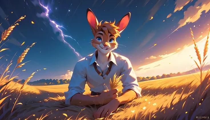 a fantastic white rabbit with blue eyes, with a sweet expression, he is lying on the country wheat field near a farm, while a golden sunset over the flowers hill during a dark thunderstorm