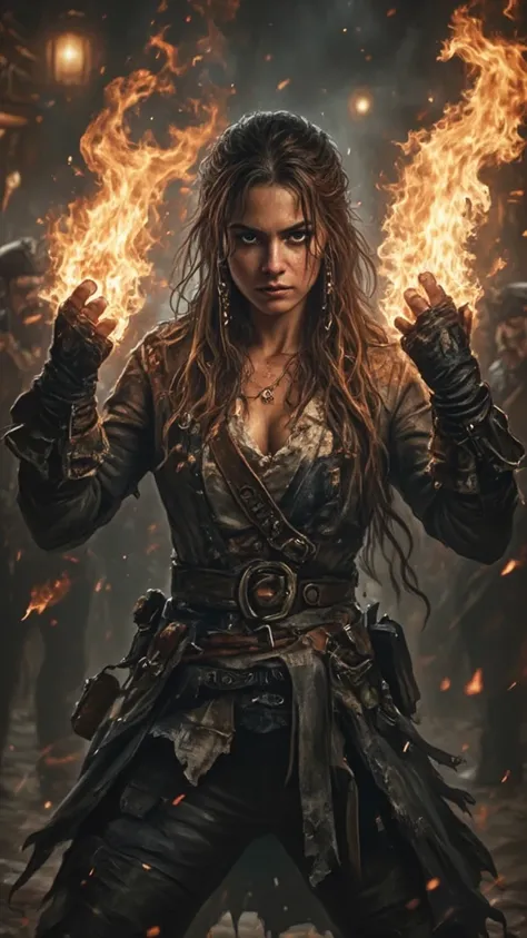 A female pirate girl with brown long messy hair and dark eyes, with a grey coat and gloves with open fingers with fire on her punches,In a tavern fight