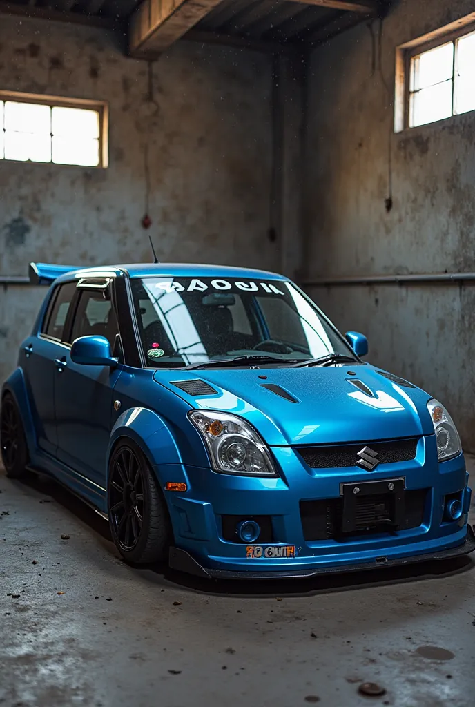  Suzuki Swift 1.3 from 2005, 3-door model,  electric blue , tuning , spoiler, splitter, , black rims, in a small, dusty and secret garage, panoramic shot over the entire machine.