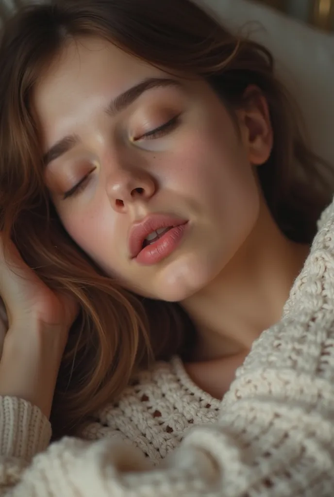 girl with brown hair sleeping with her mouth slightly open close-up of her face and side photo a big long penis goes deep into her mouth the penis is visible in the photo she is giving a blowjob