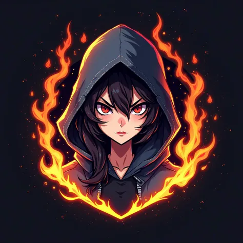 Create logo, a words JULZ GAMING , fire, a women girl head with hood character anime, animation, aggressive