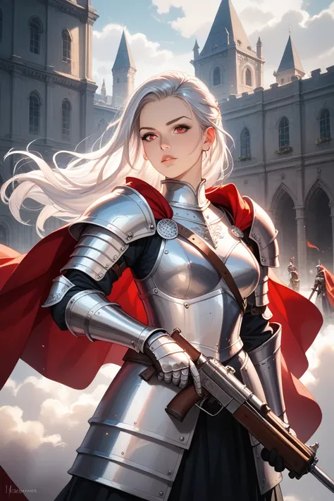  Silver Hair、Red Eye、 female knight、gun、Cape、Long Hair、Lamellar Armor