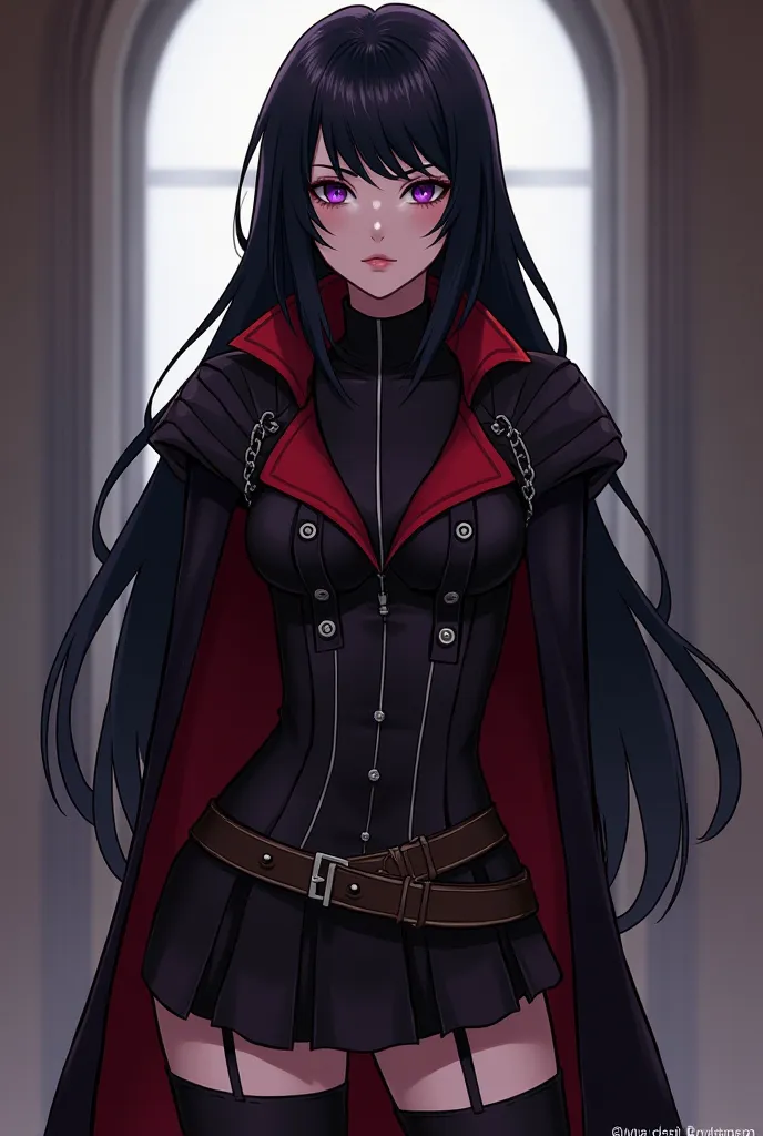 Could you create an image for me? I wanted a character with long black hair and purple eyes, She must wear those black boots like a longer boot, she must also be brown and I want the clothes and the character in Castlevania style 