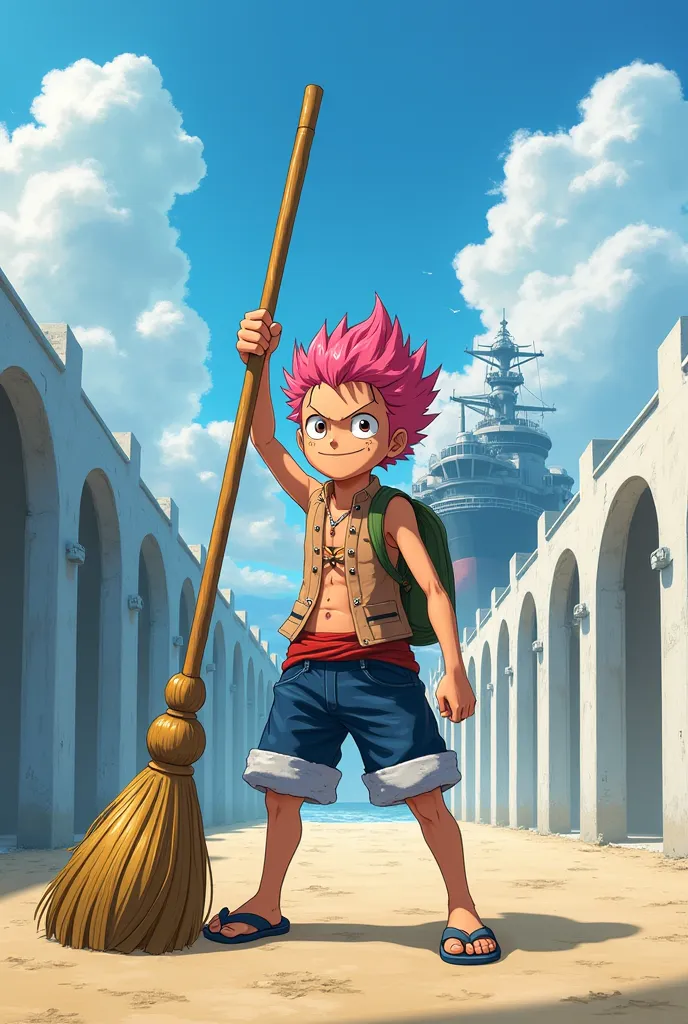 Create an image of the character Kobby holding a broom from the manga style anime One Piece