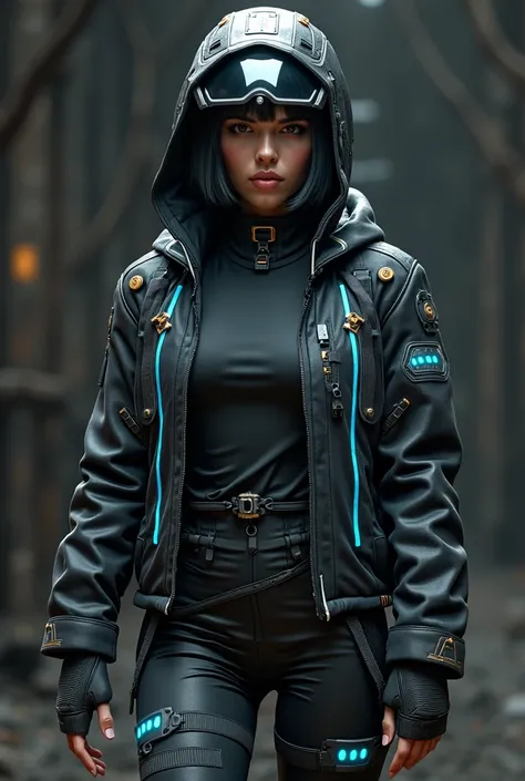 a realistic game character, female 20 years old, middle eastern face with bob cut black hair, wearing a cyborg jacket with outlined blue light with cyborg helmet with glass shield, a shirt covering upper body with blue lined line light in it, arms covered ...