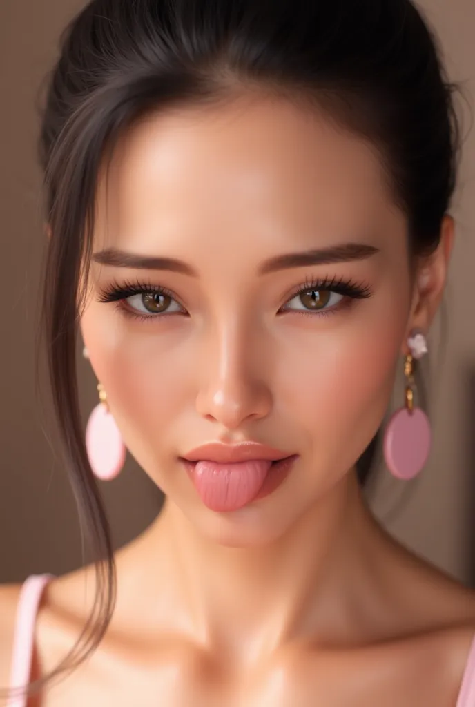  masterpiece, symmetrical , close up symmetrical portrai, slutty face, tongue, attractive sexy of pretty girl ,Glossy makeup,  perfect style , Pink earrings,  Sexy ,  ultra HD resolution, UHD images, 