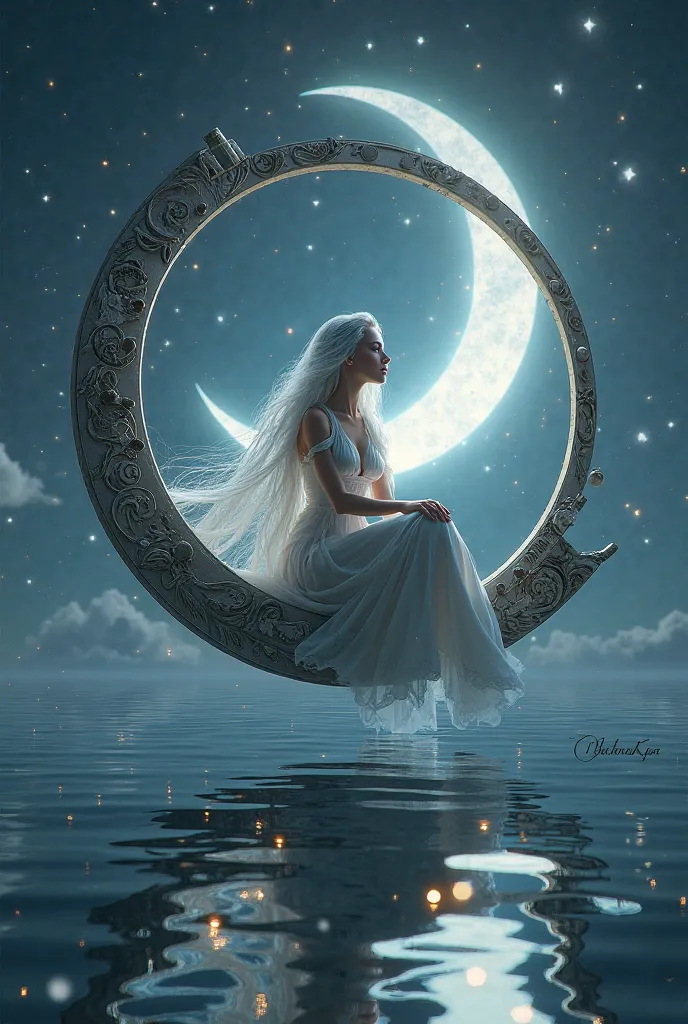 Want a picture of a beautiful princess of the moon and sitting on a sundial that is floating above the sea water that reflects the princess in a beautiful night.