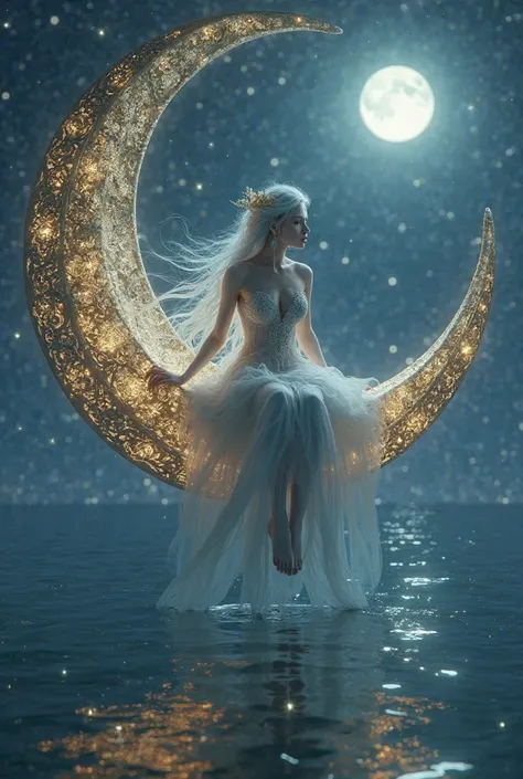 Want a picture of a beautiful princess of the moon and sitting on a sundial that is floating above the sea water that reflects the princess in a beautiful night.